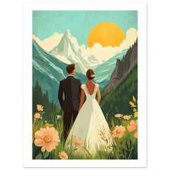 A mixed wedding couple infront of mountains
