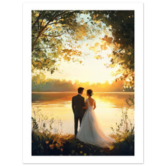 A wedding couple infront of a lake