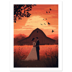 A wedding couple infront of a barn of a farm