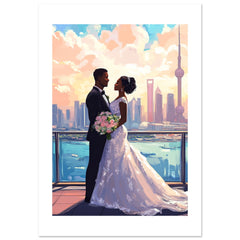 A black wedding couple infront of Shanghai