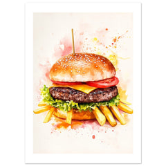 Beef Burgers With Fries Watercolor Painting Wall Art 1