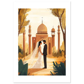 A mixed wedding couple infront of a mosque
