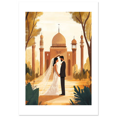 A mixed wedding couple infront of a mosque