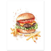 Beef Burgers With Fries Watercolor Painting Wall Art