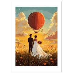 A wedding couple infront of a hot ballon
