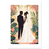 A black wedding couple infront of a garden