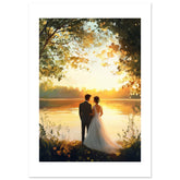 A wedding couple infront of a lake
