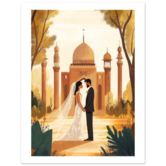 A mixed wedding couple infront of a mosque