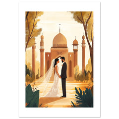 A mixed wedding couple infront of a mosque