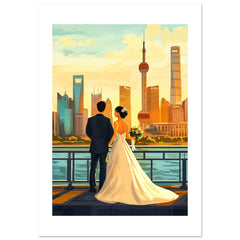 An asian wedding couple infront of Shanghai
