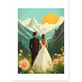 A mixed wedding couple infront of mountains