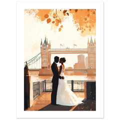 A black wedding couple infront of the London Brid