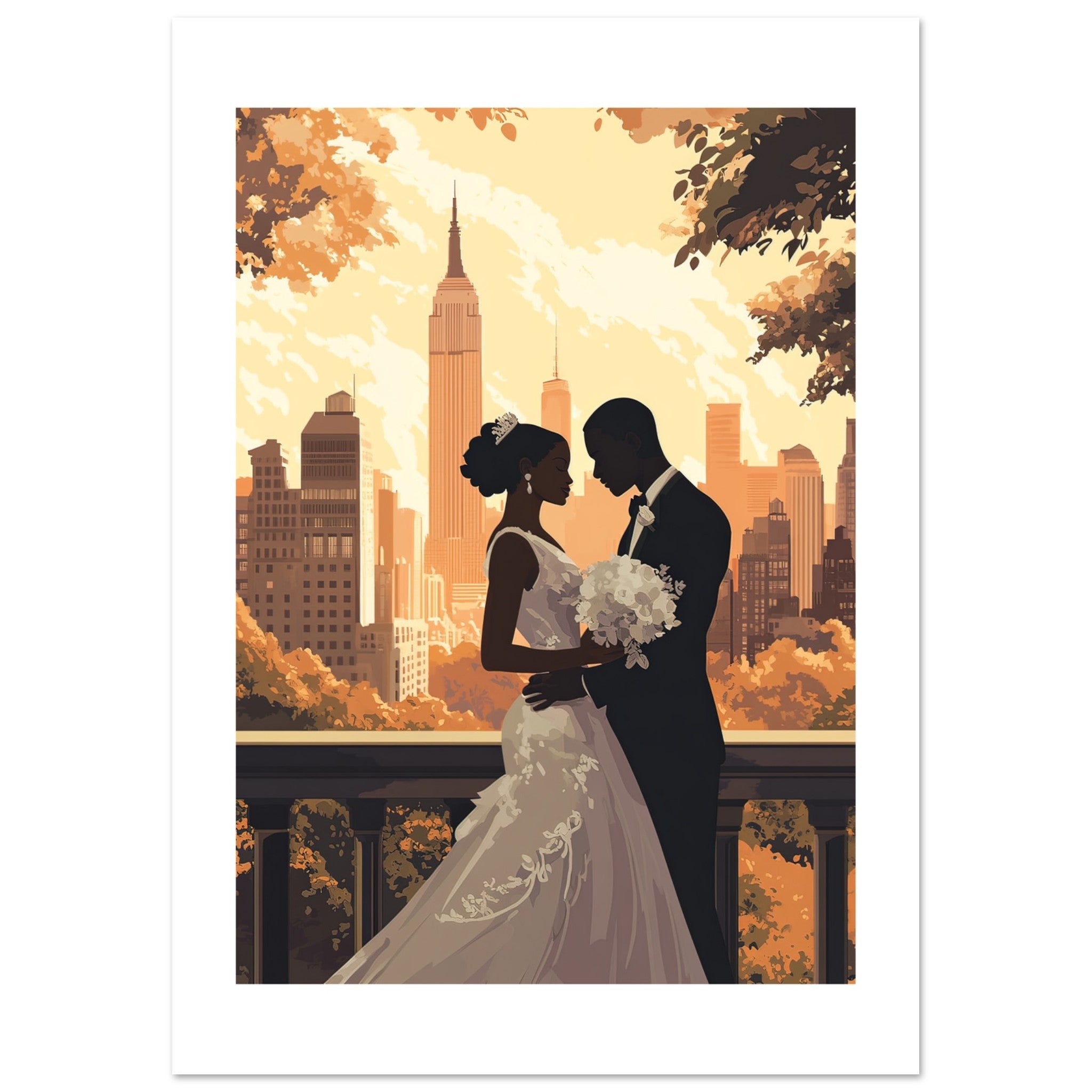 A black wedding couple infront of New York