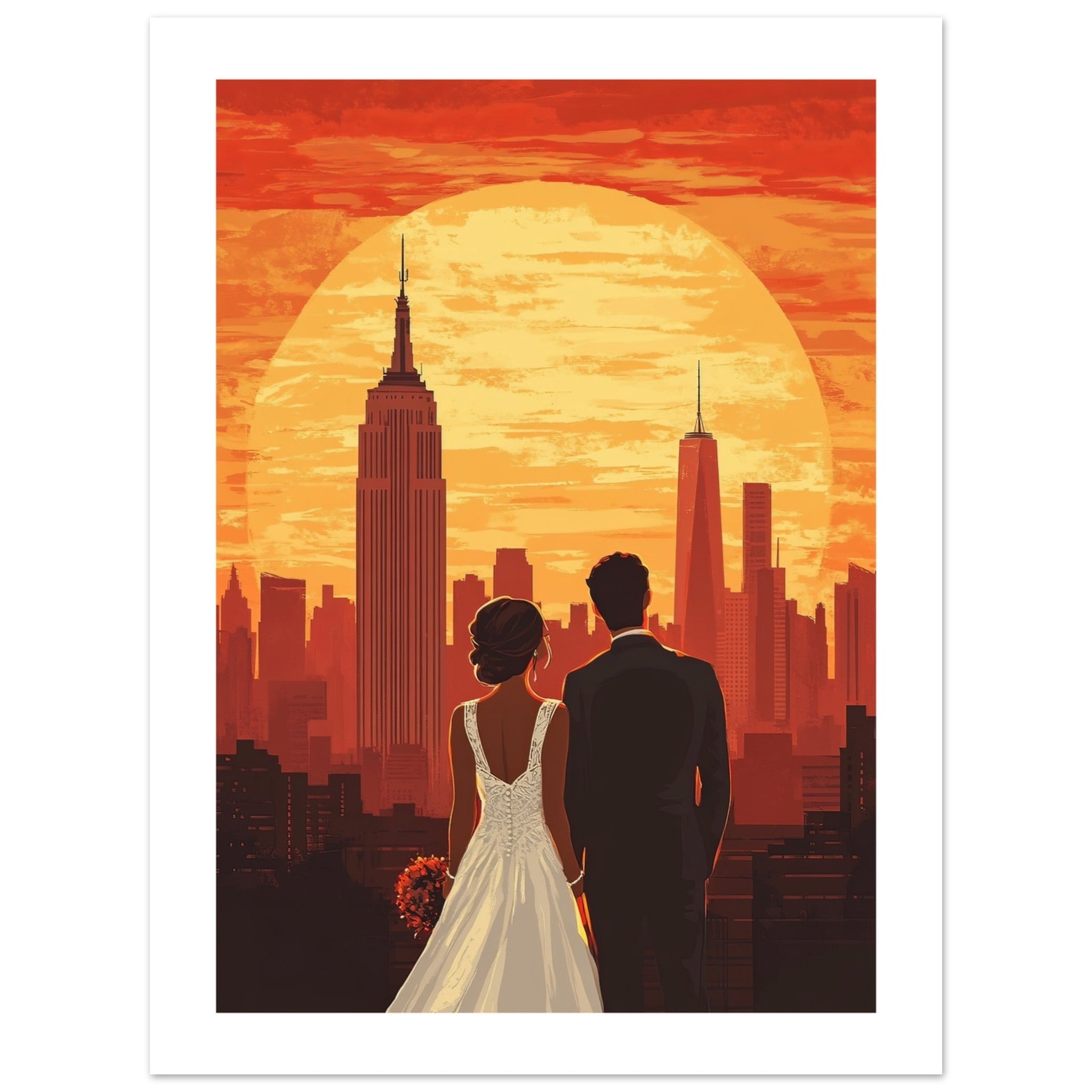 A wedding couple infront of New York 1