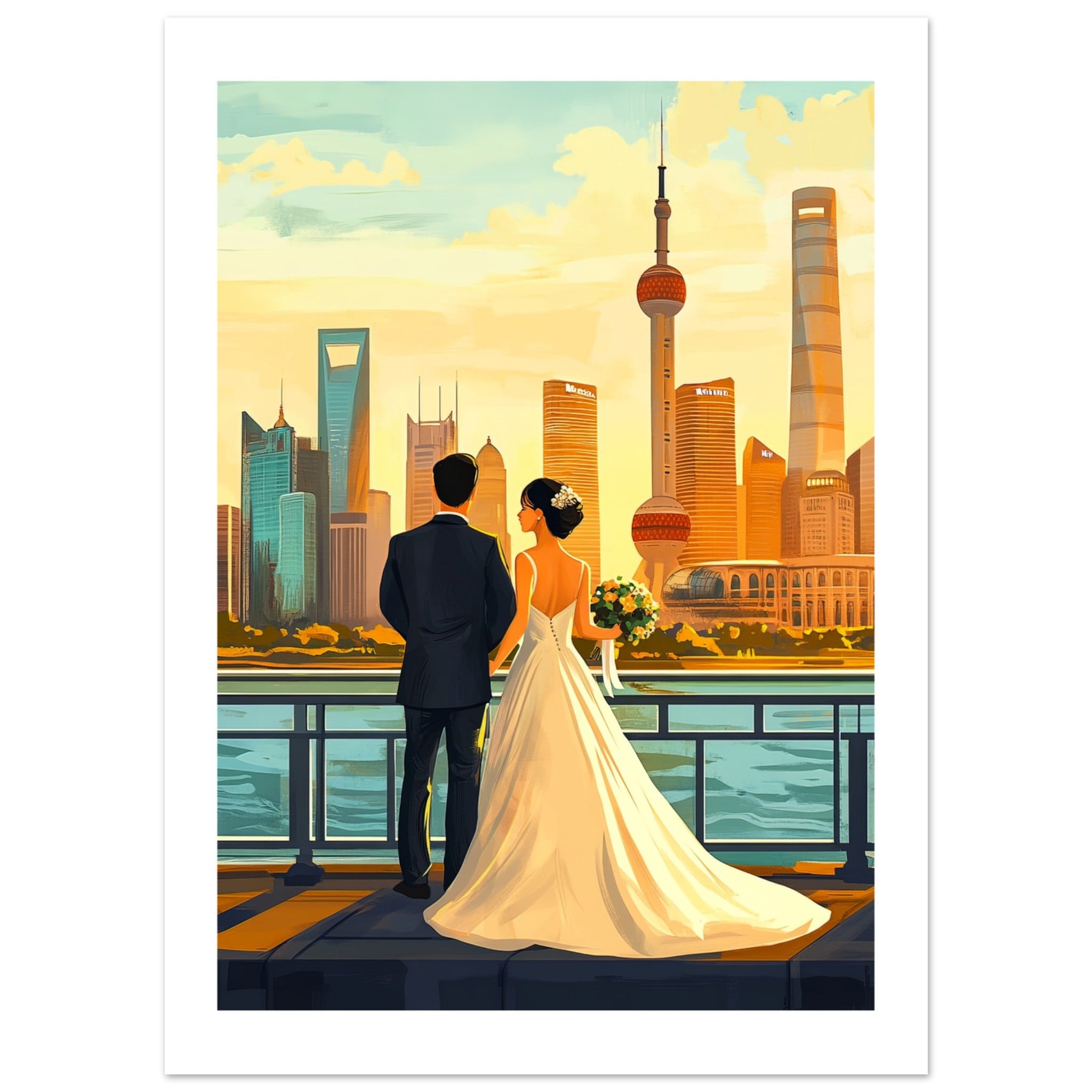 An asian wedding couple infront of Shanghai