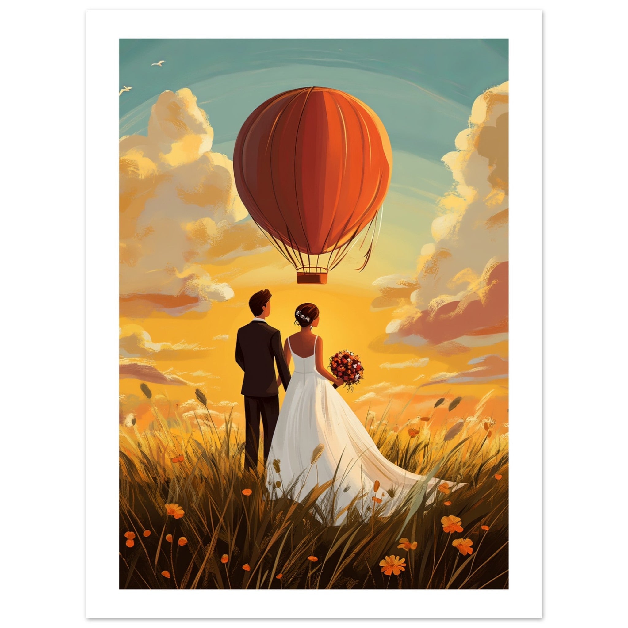 A wedding couple infront of a hot ballon
