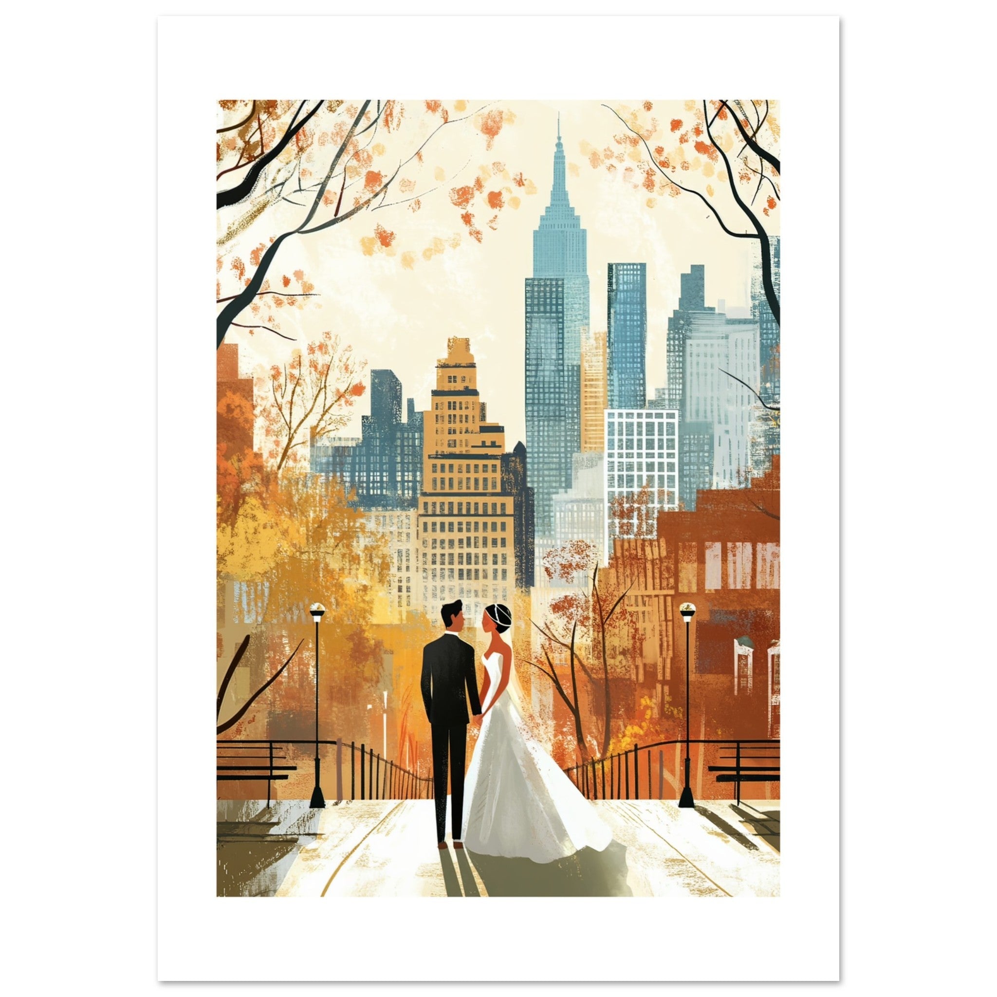 A mixed wedding couple infront of New York 1