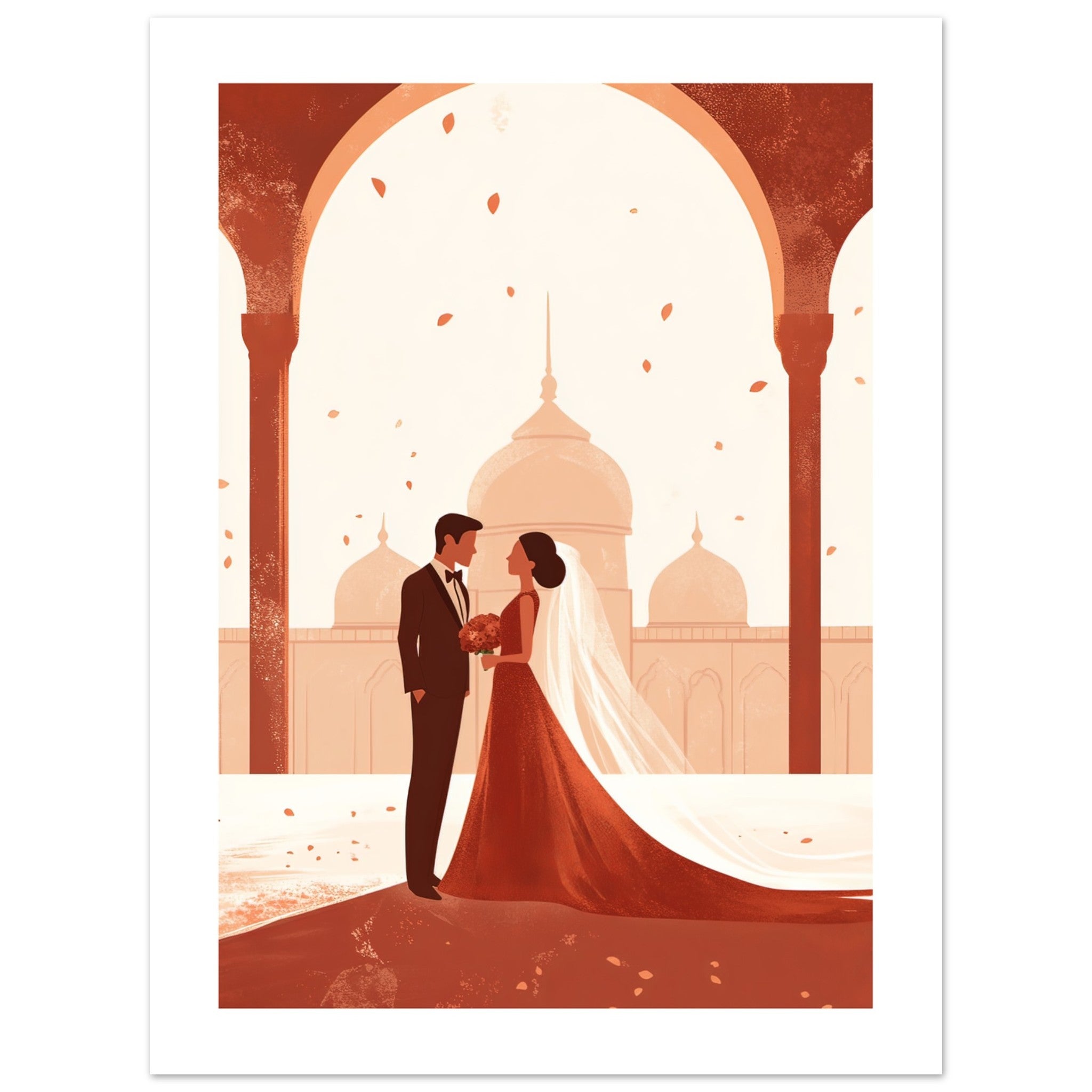 An asian wedding couple infront of a mosque