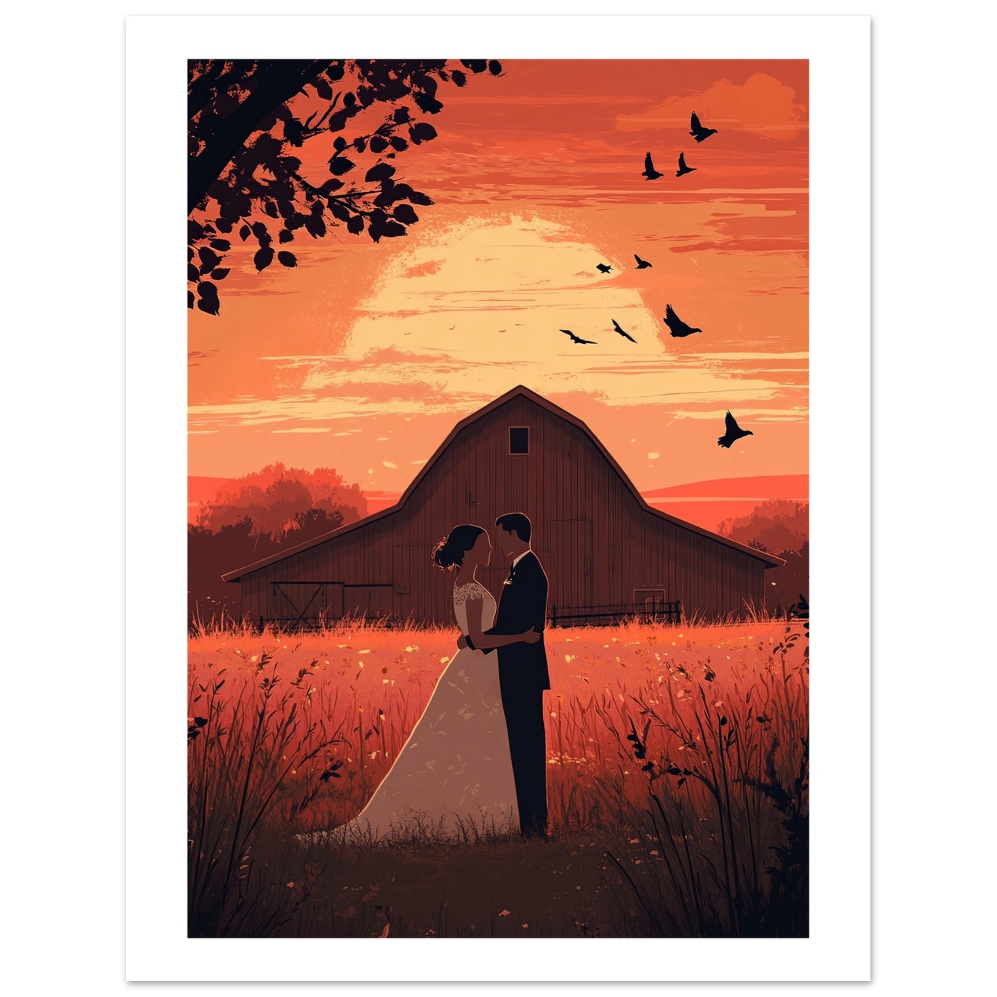 A wedding couple infront of a barn of a farm