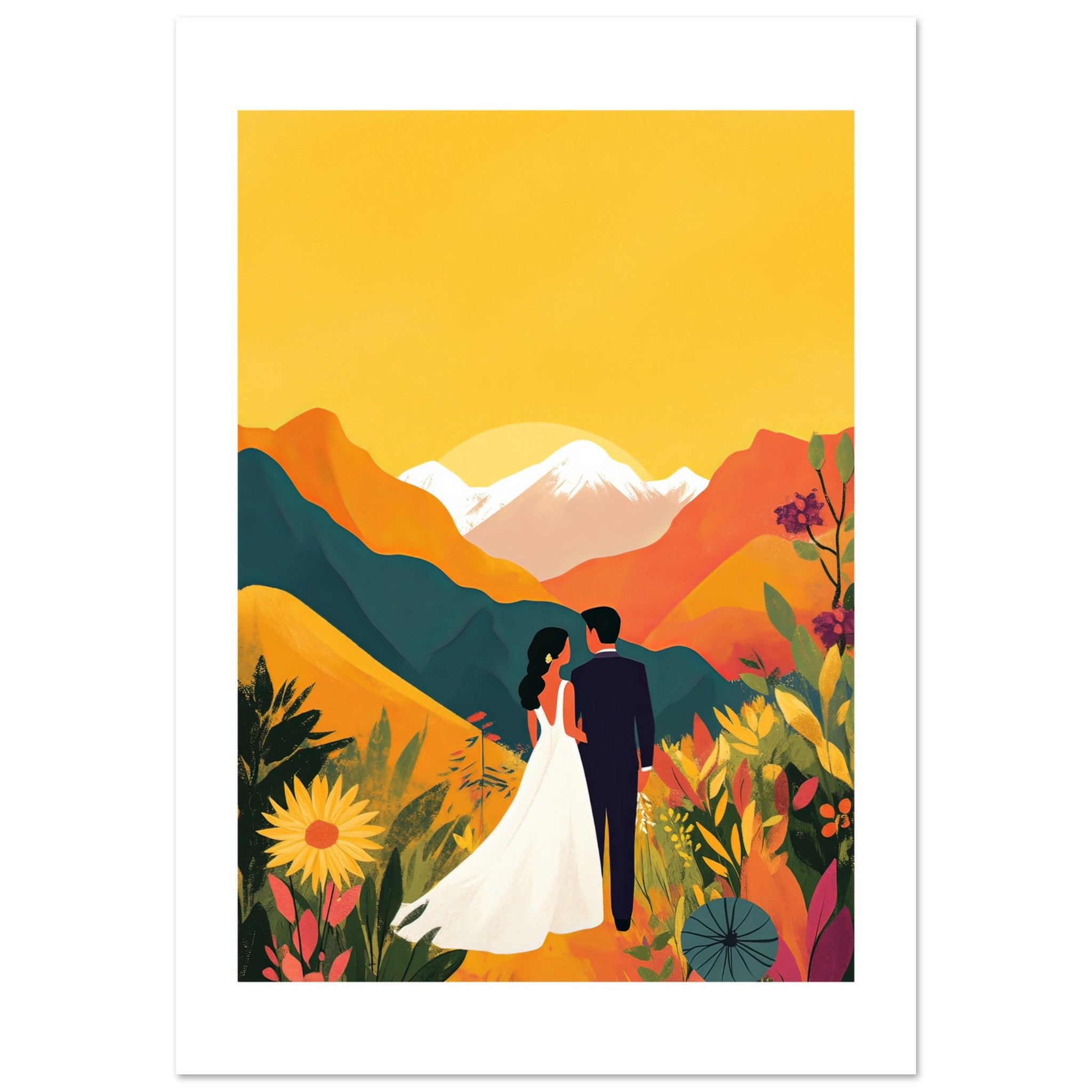 An asian wedding couple infront of mountains