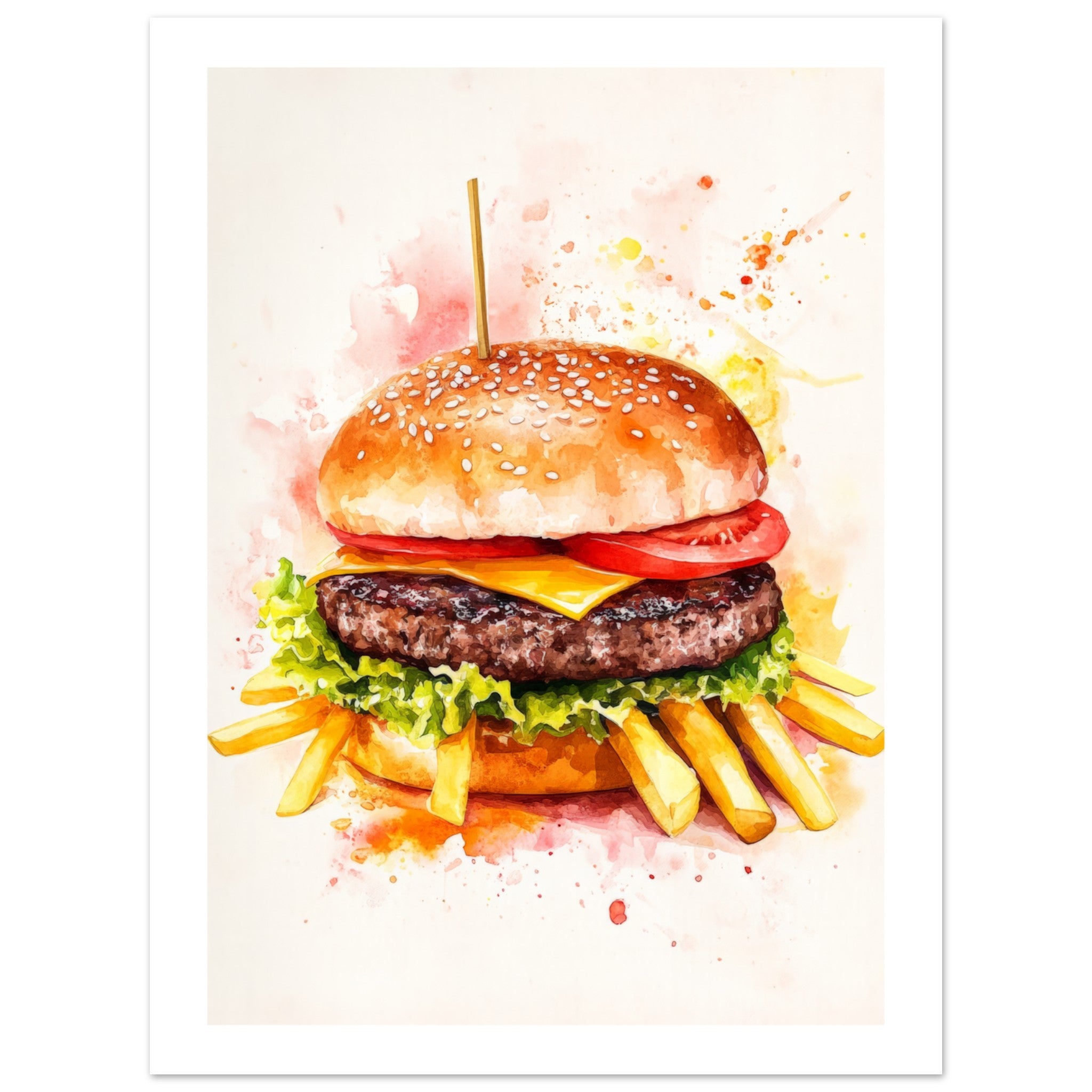Beef Burgers With Fries Watercolor Painting Wall Art 1