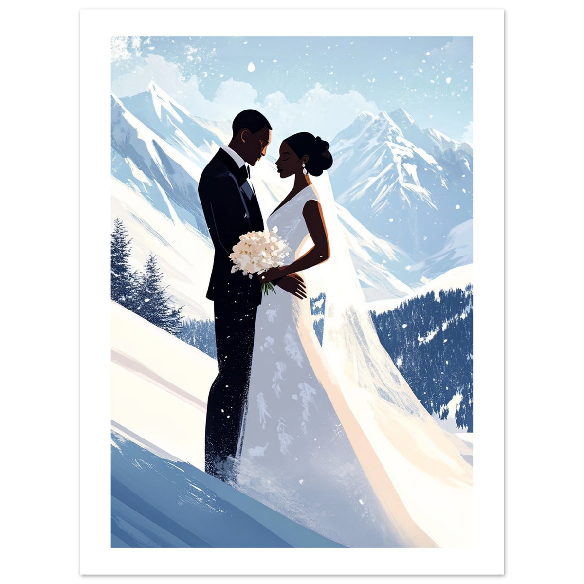 A black wedding couple infront of on the skislope
