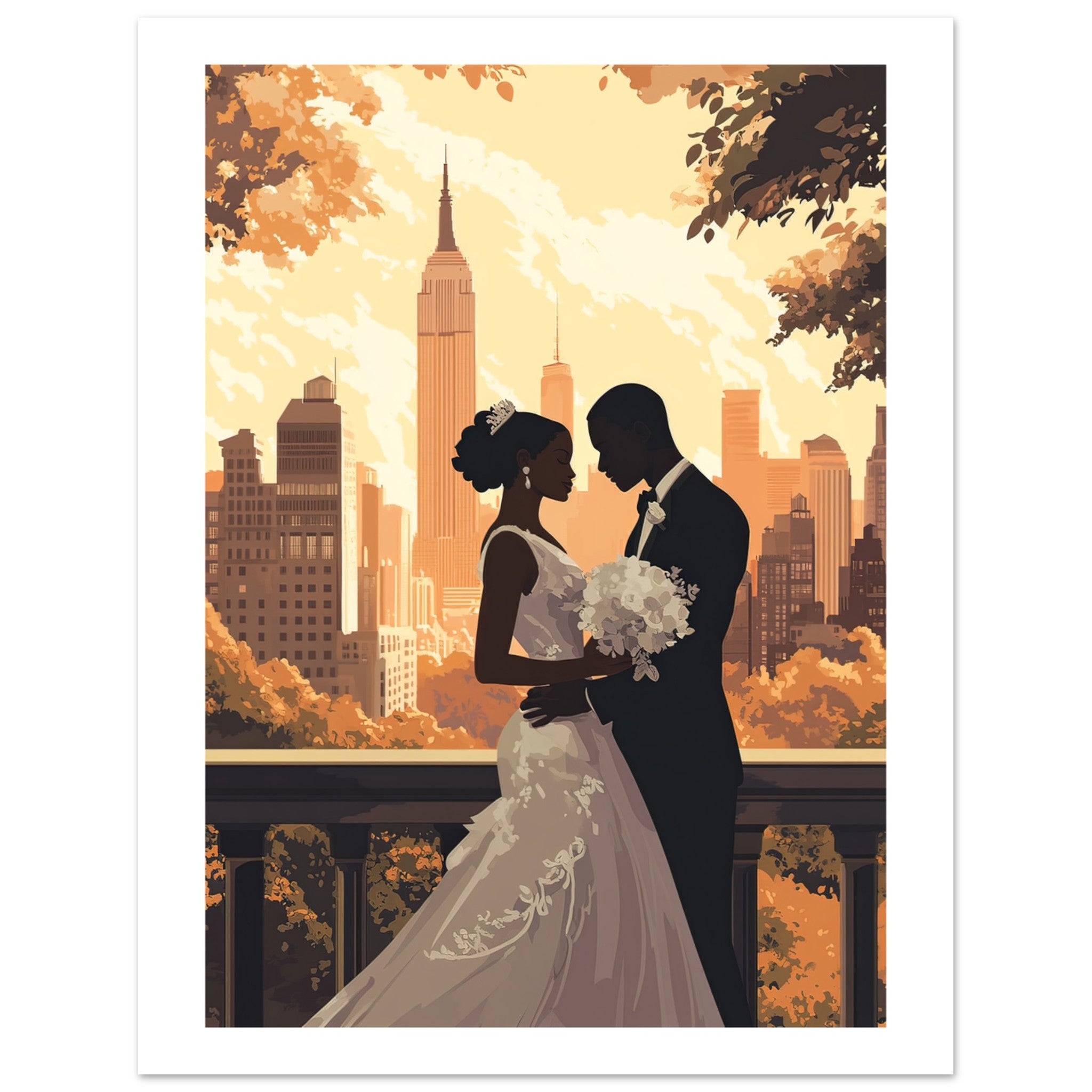 A black wedding couple infront of New York