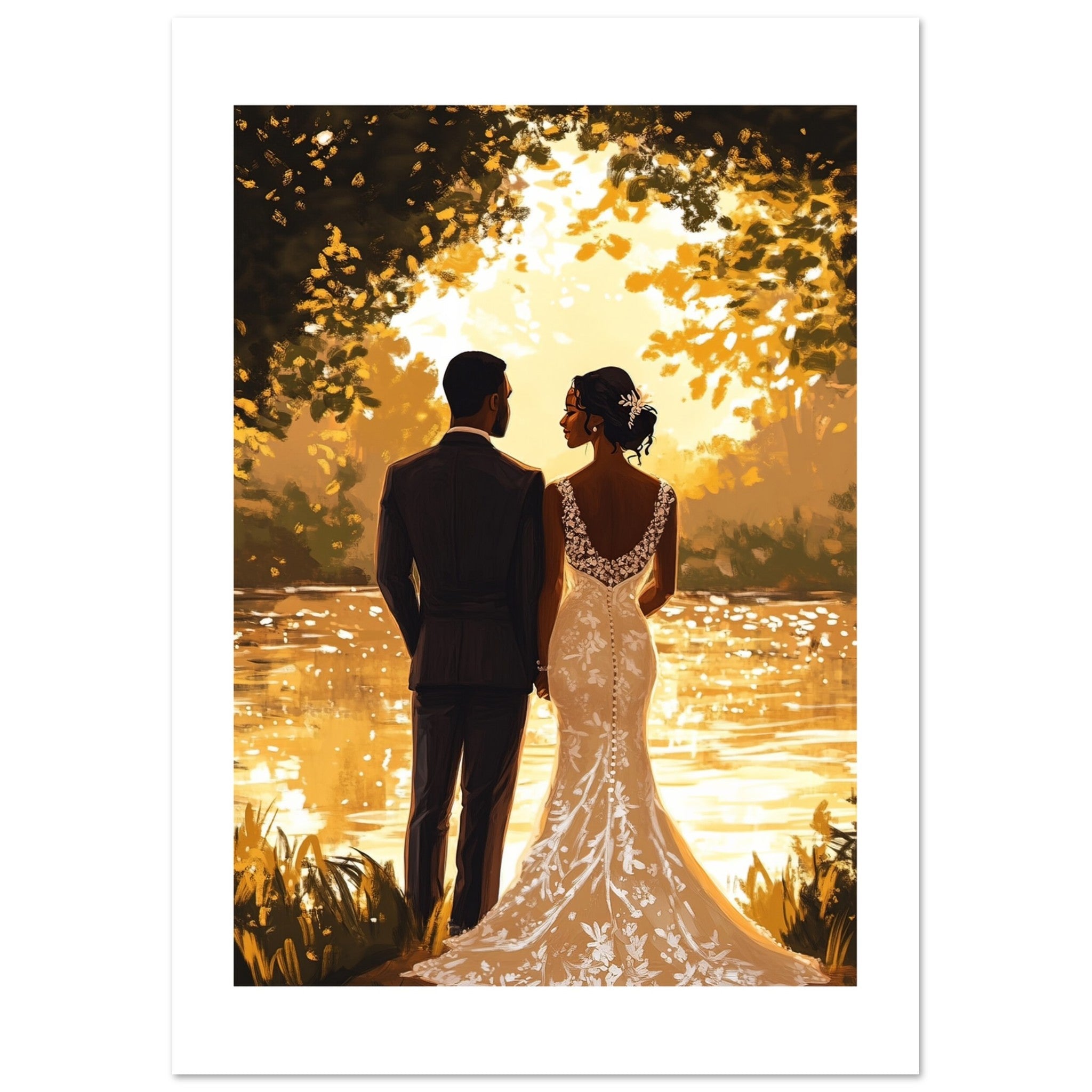 A black wedding couple infront of a lake