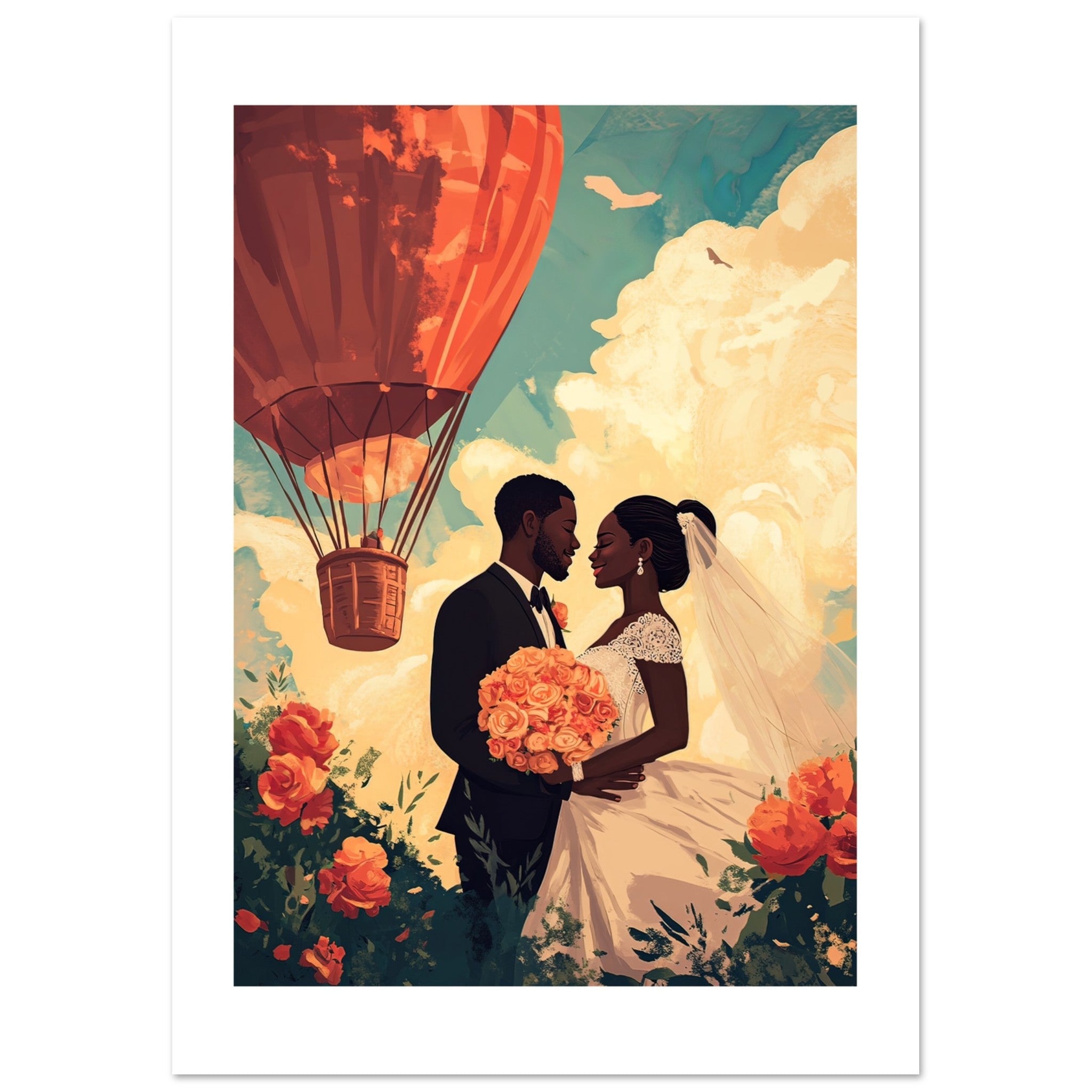 A black wedding couple infront of a hot ballon