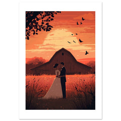 A wedding couple infront of a barn of a farm