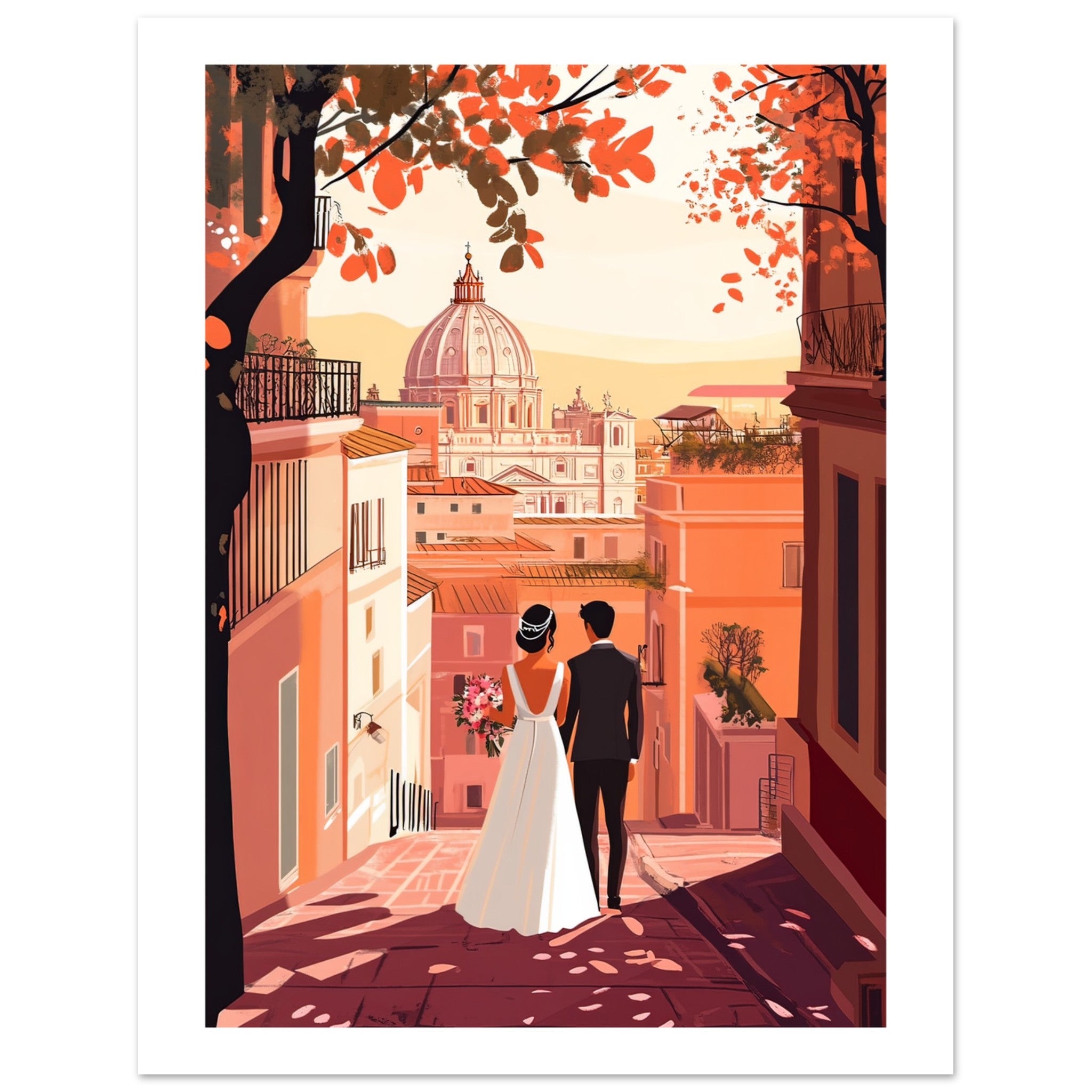 An asian wedding couple infront of Rome