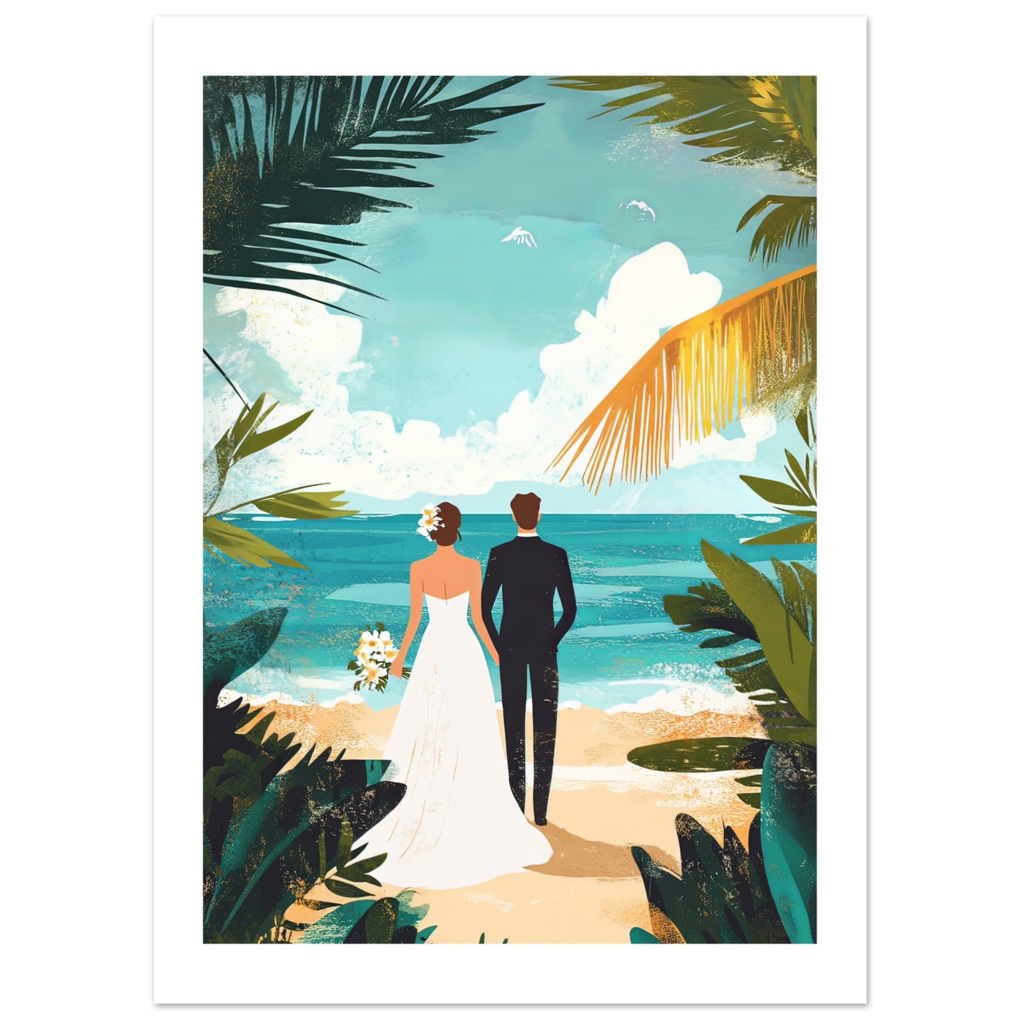 A wedding couple infront of a beach