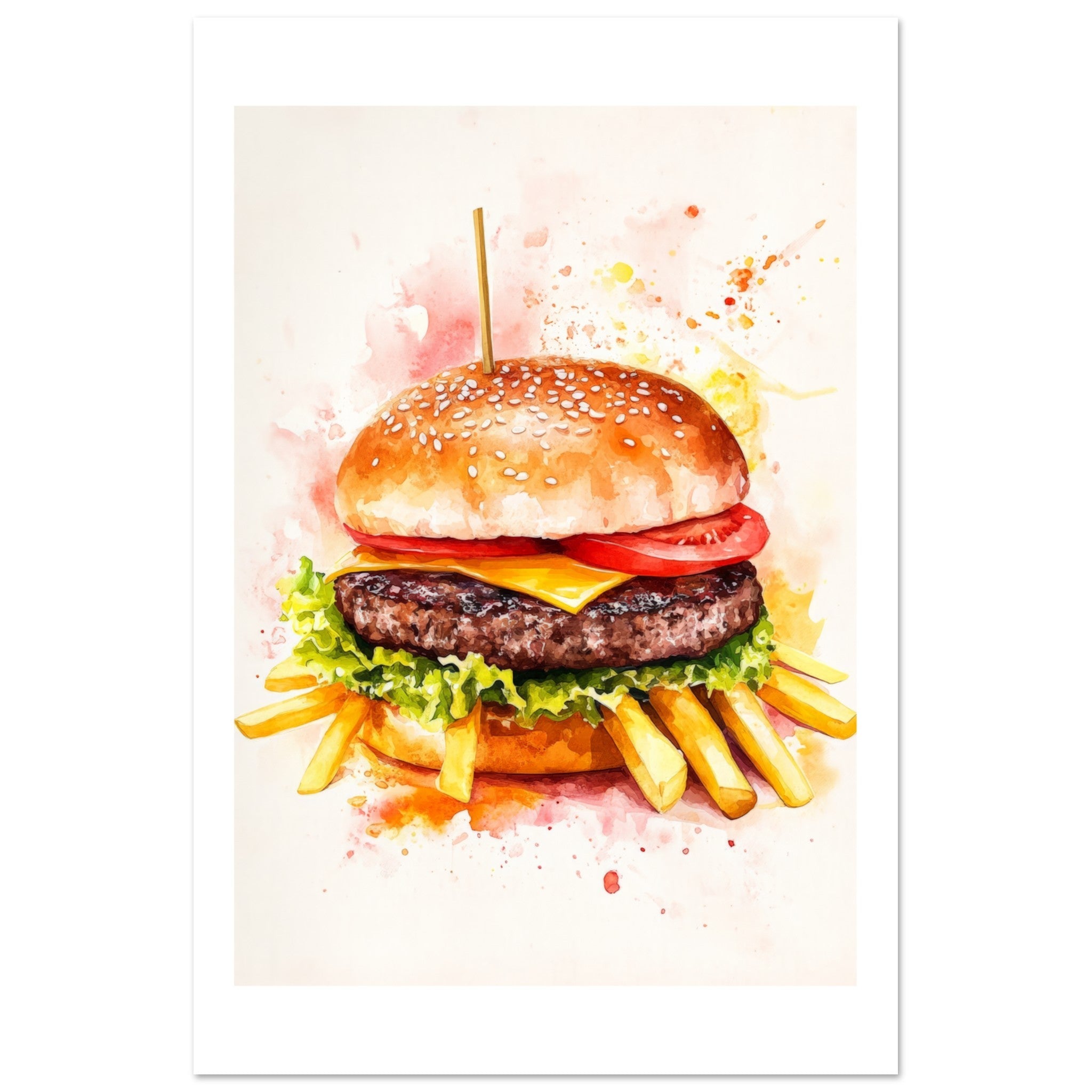 Beef Burgers With Fries Watercolor Painting Wall Art 1