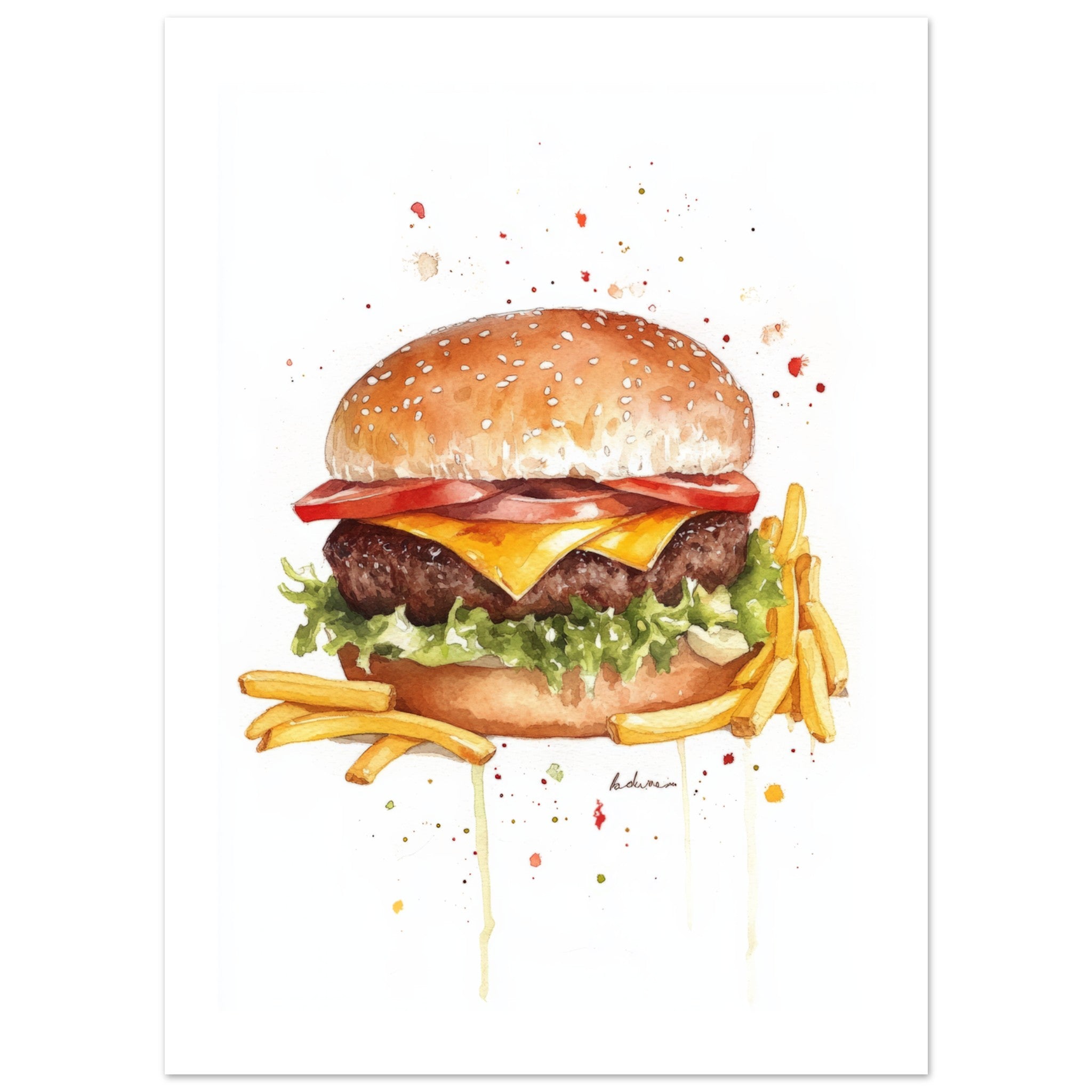 Beef Burgers With Fries Watercolor Painting Wall Art 2