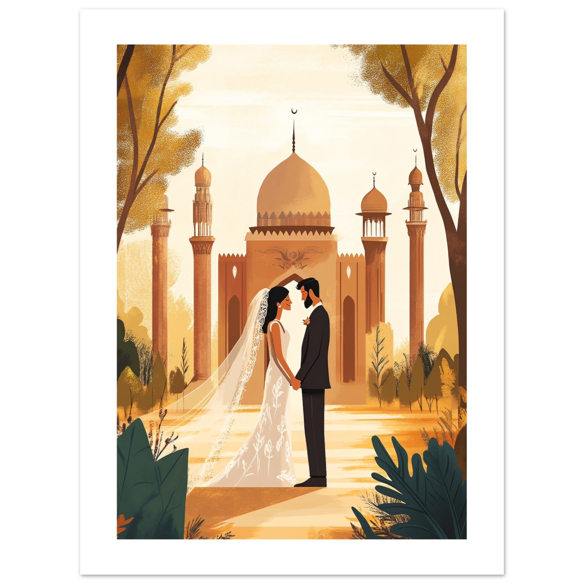 A mixed wedding couple infront of a mosque