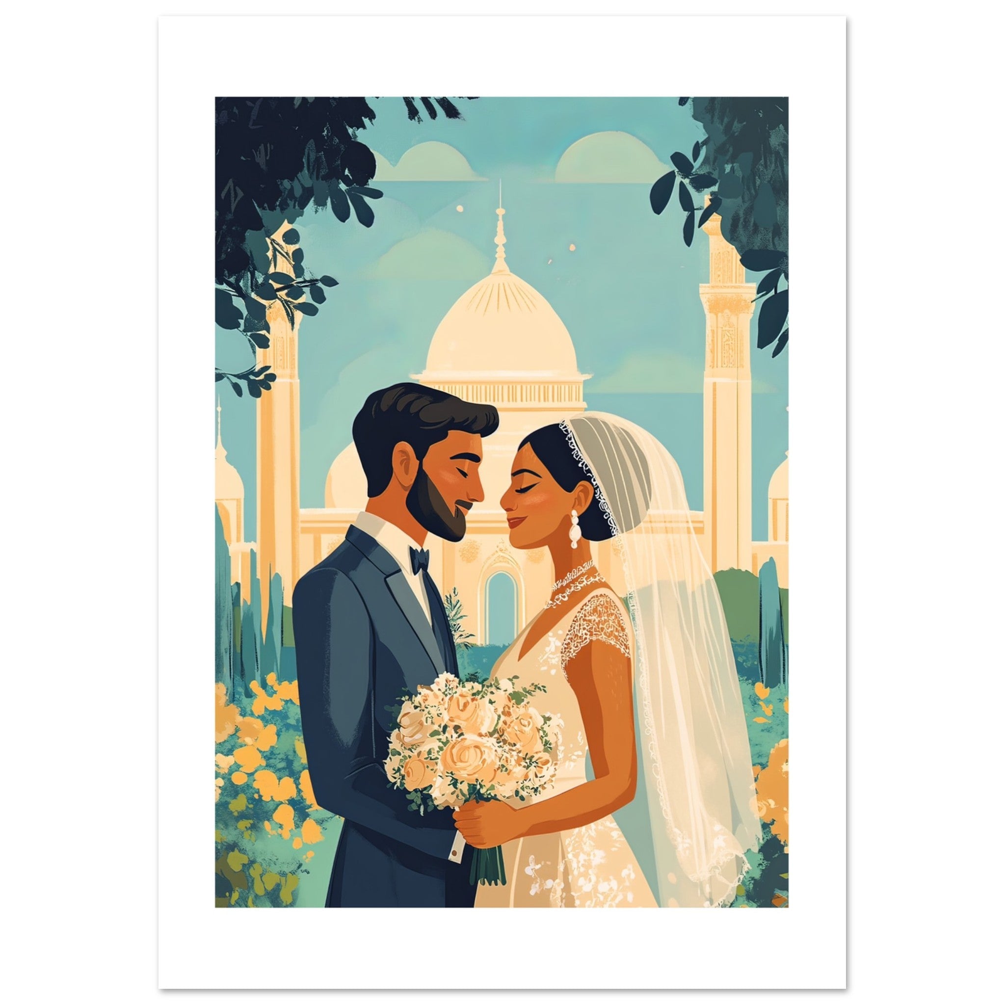 A mixed wedding couple infront of a mosque 1