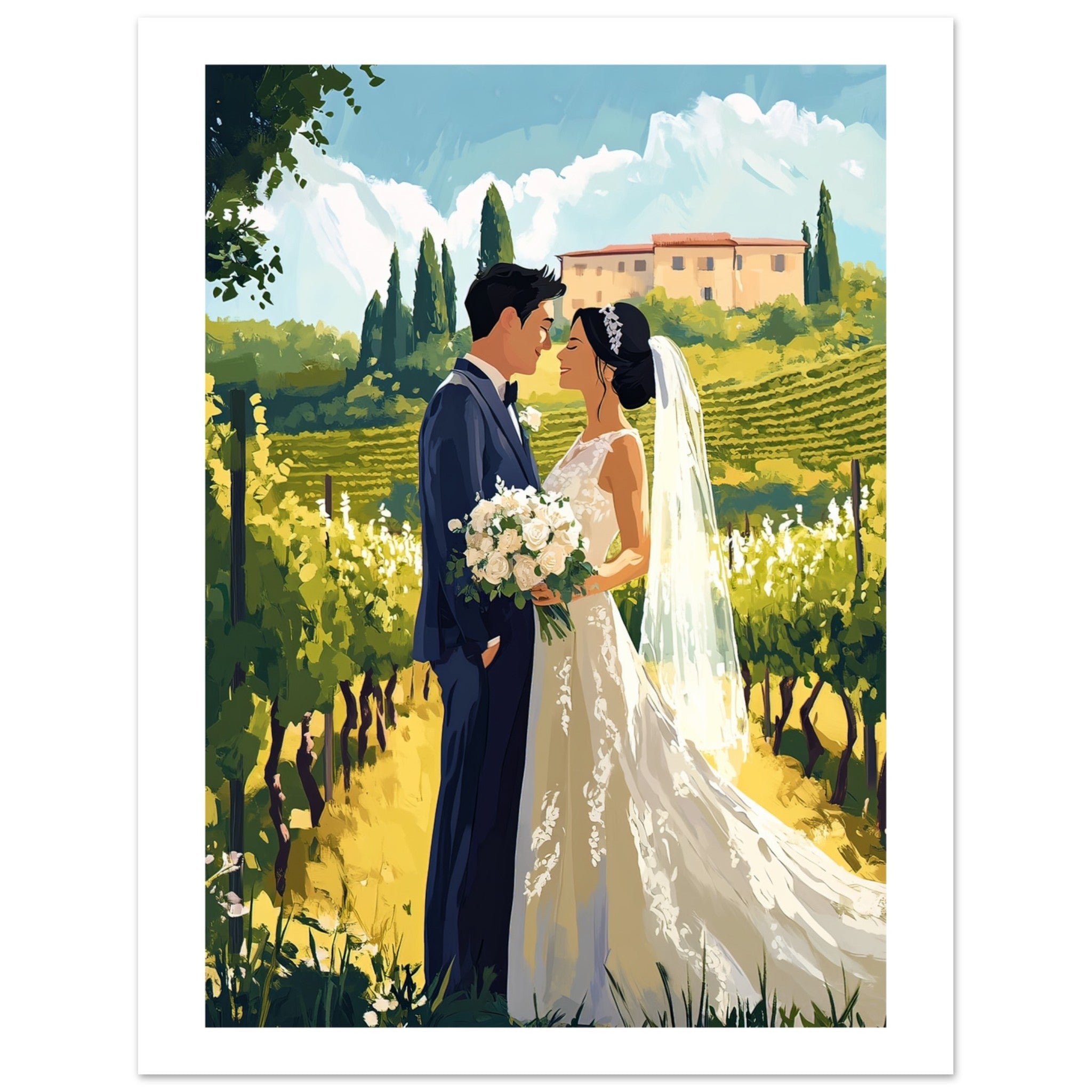 An asian wedding couple infront of a vineyard