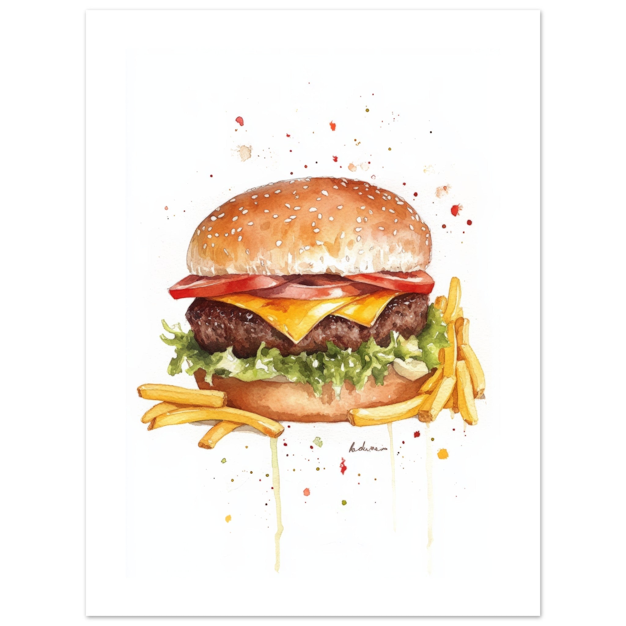 Beef Burgers With Fries Watercolor Painting Wall Art 2