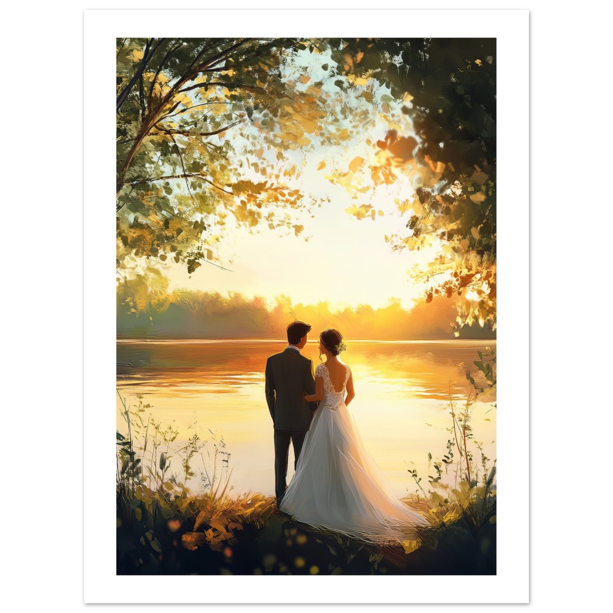 A wedding couple infront of a lake