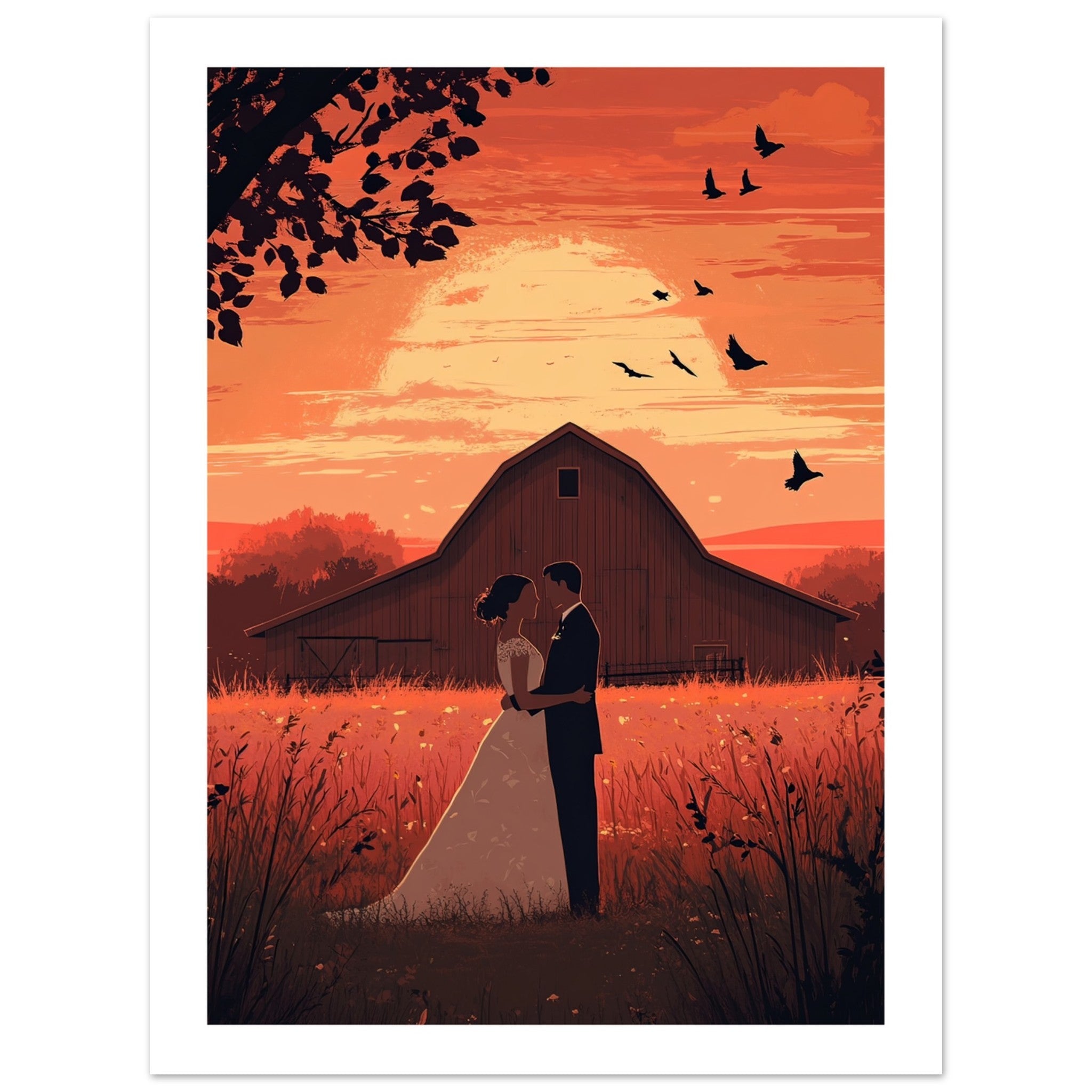 A wedding couple infront of a barn of a farm