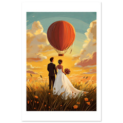 A wedding couple infront of a hot ballon