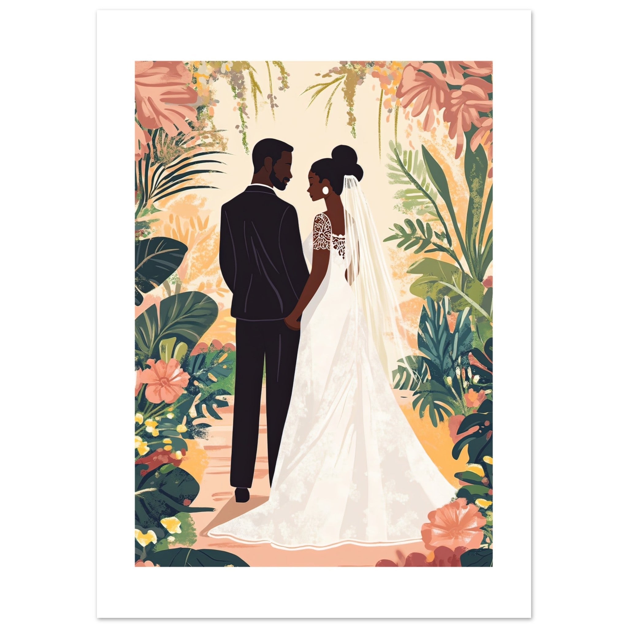 A black wedding couple infront of a garden