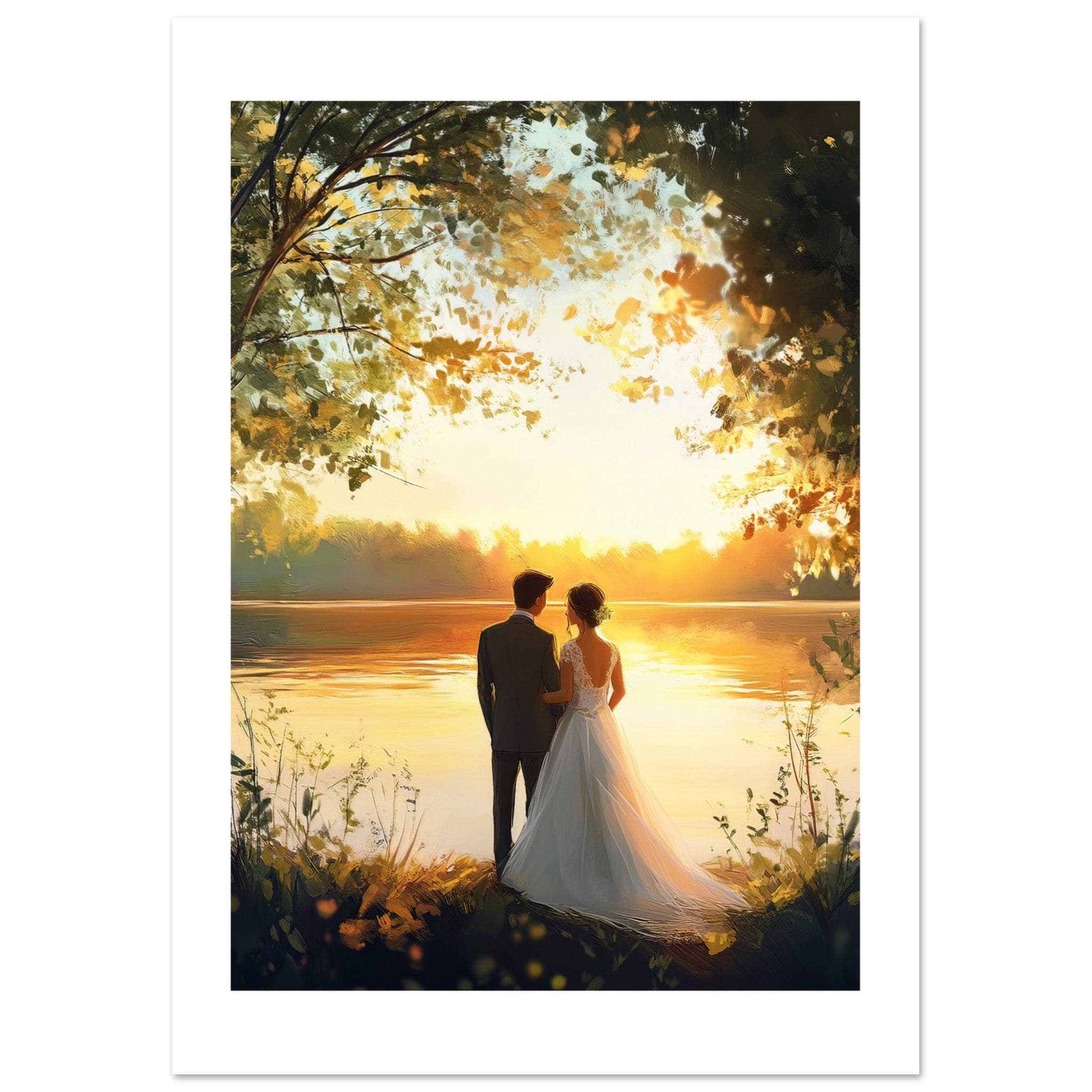 A wedding couple infront of a lake