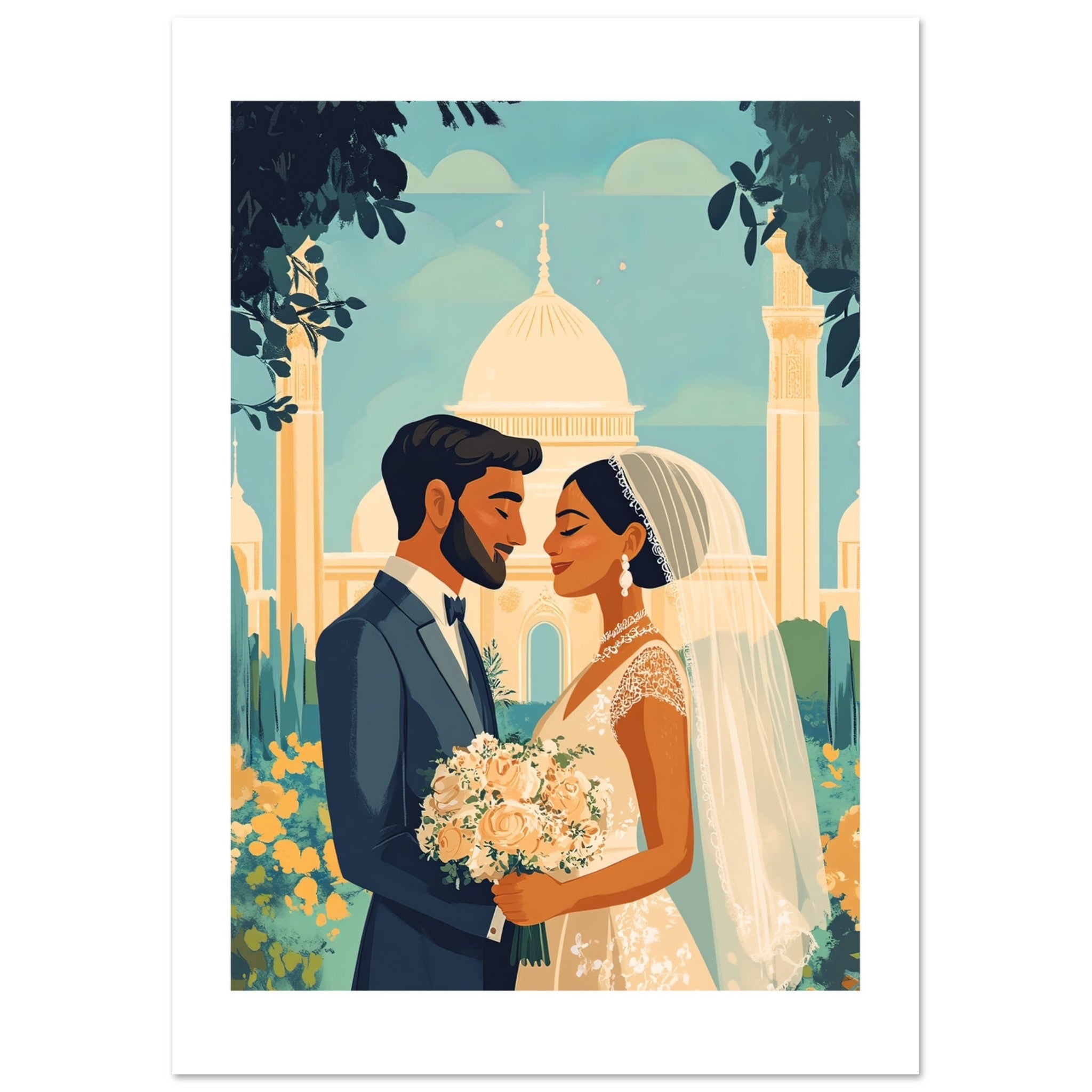 A mixed wedding couple infront of a mosque 1