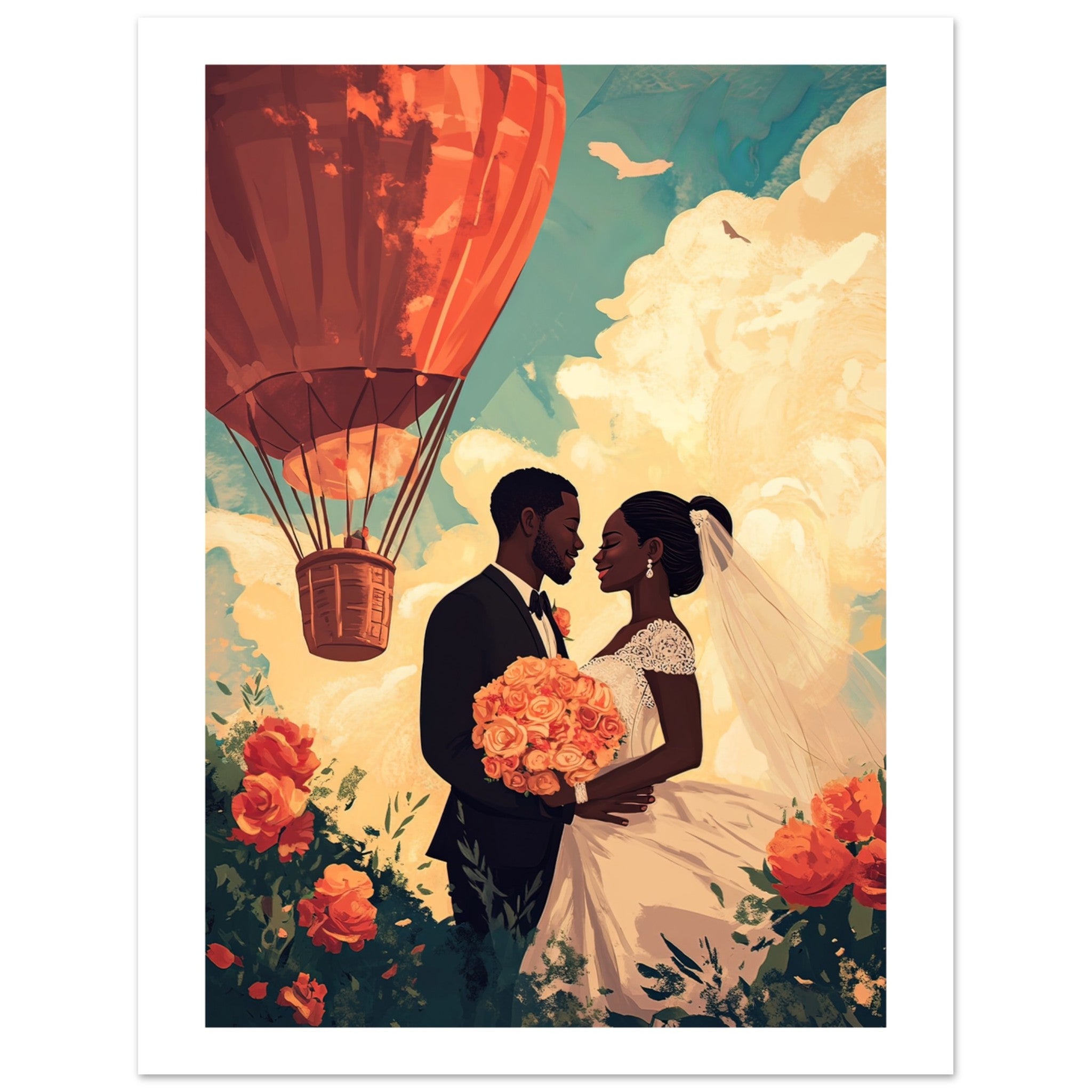 A black wedding couple infront of a hot ballon