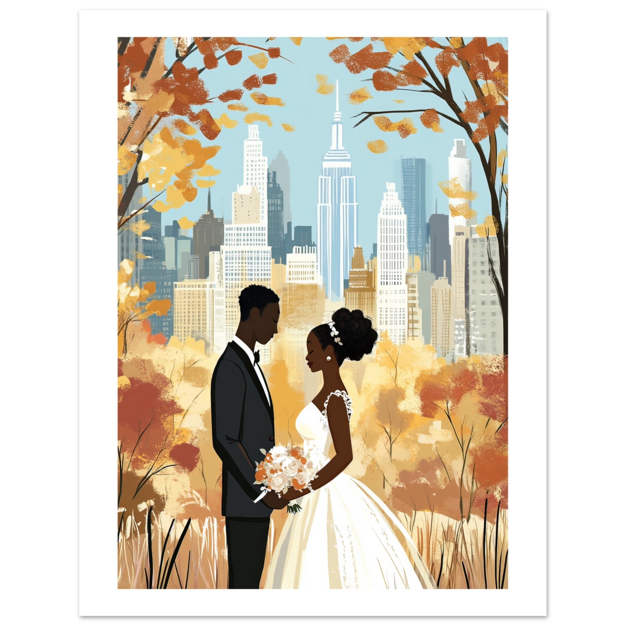 A black wedding couple infront of New York 1