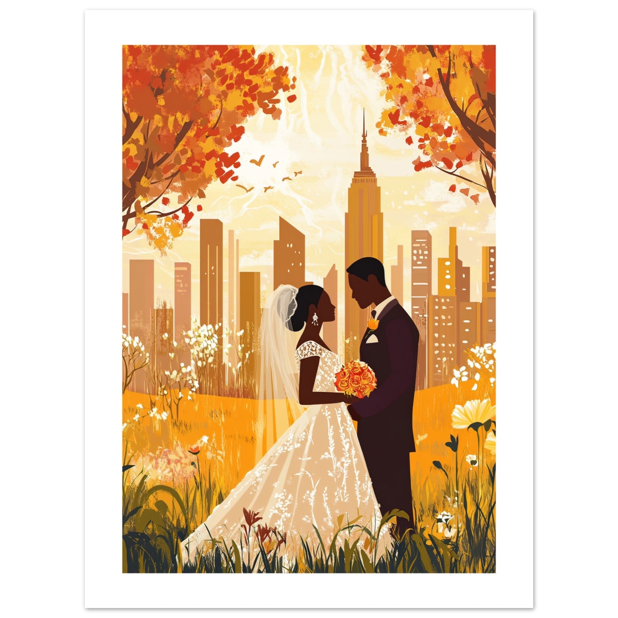 A mixed wedding couple infront of New York