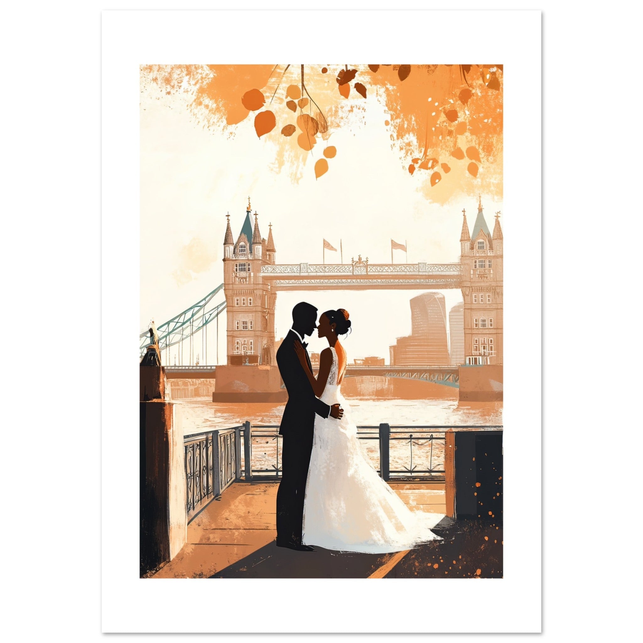 A black wedding couple infront of the London Brid