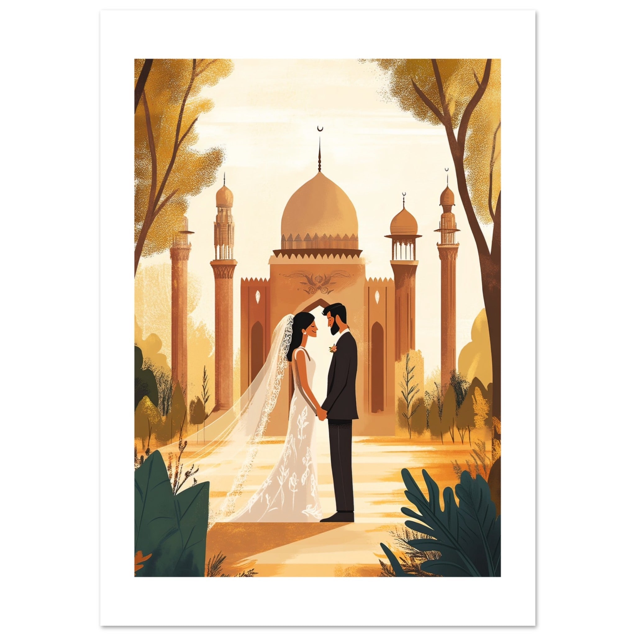 A mixed wedding couple infront of a mosque