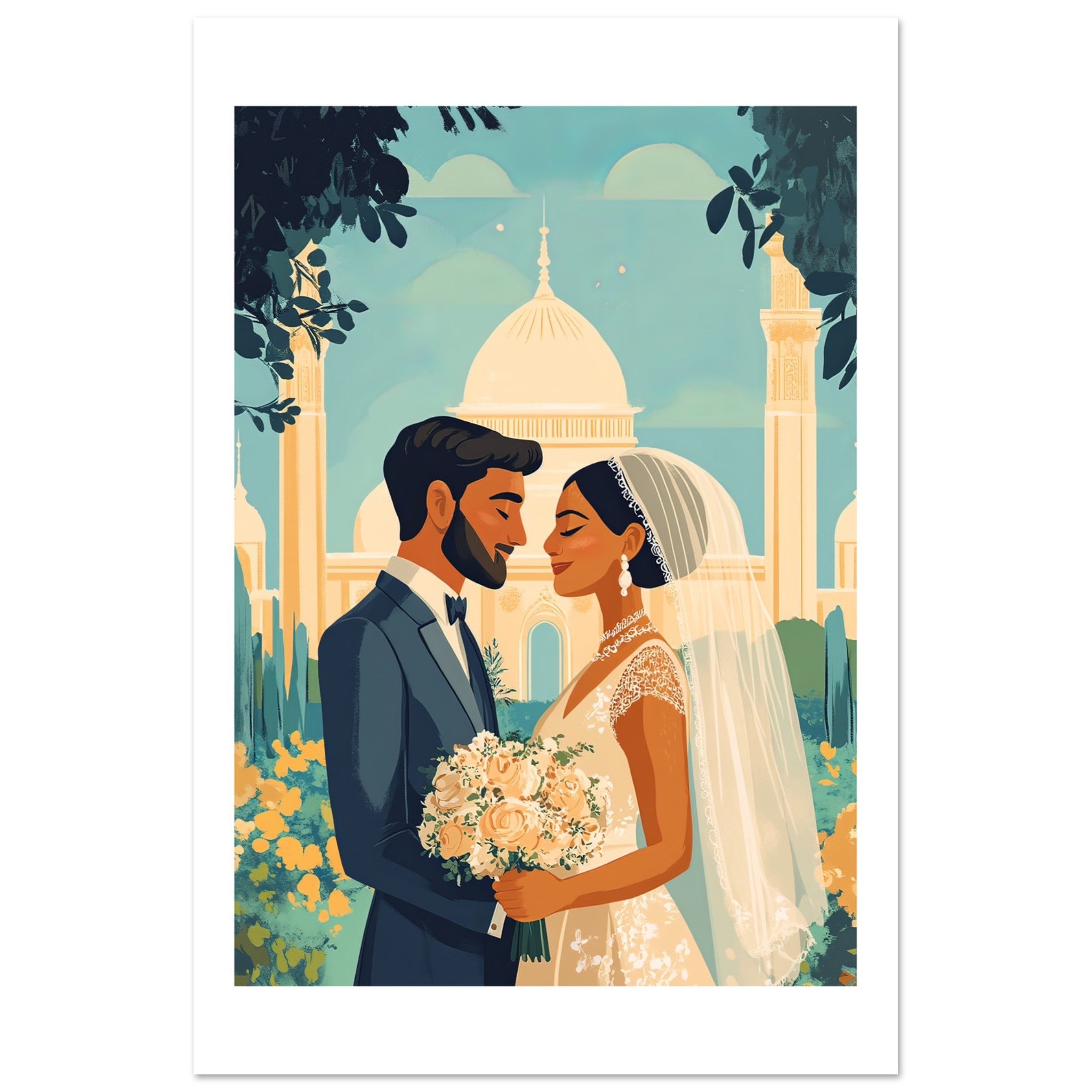 A mixed wedding couple infront of a mosque 1